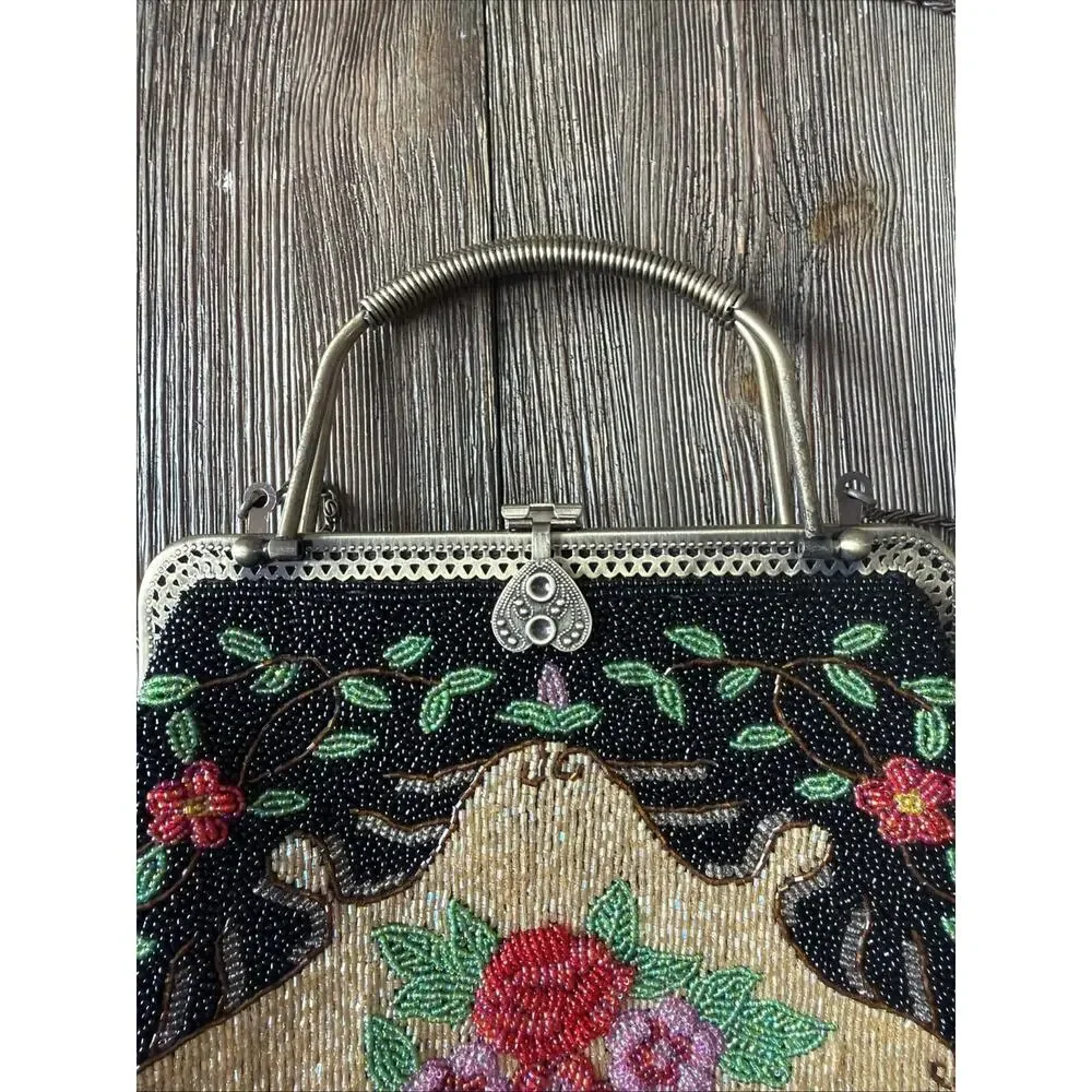Vintage Hand Beaded Purse Black Colorful Roses Bag 1950 1960 flapper party - Picture 5 of 16